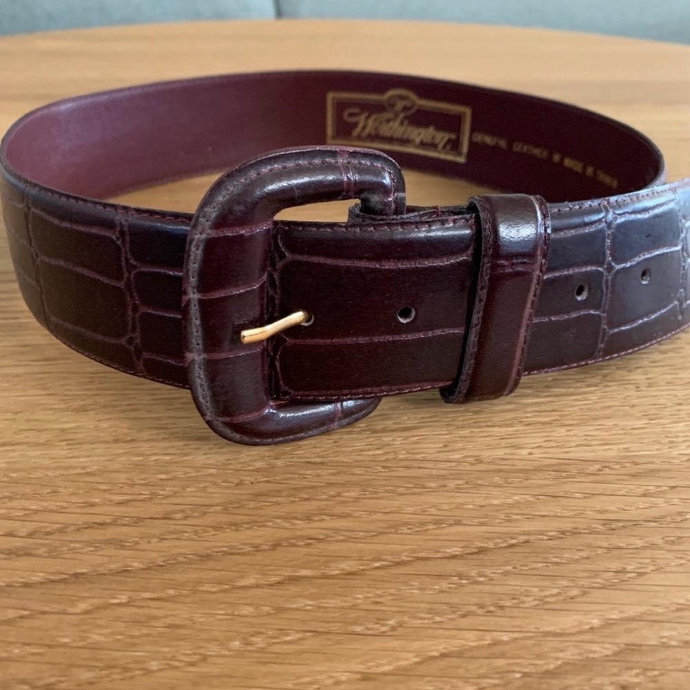 Worthington Burgundy Croc-Embossed Leather Belt with Gold Buckle